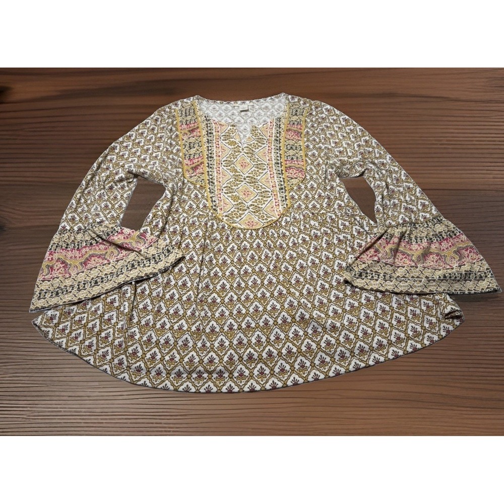 Style & Co Top Women Large Yellow Multi Printed Flared Hem Bell Sleeve V Neck
